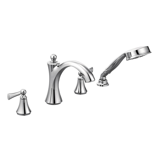 Wynford 3.62" 1.75 gpm 2 Lever Handle Four Hole Deck Mount Roman Tub Faucet with Hand Shower in Chrome