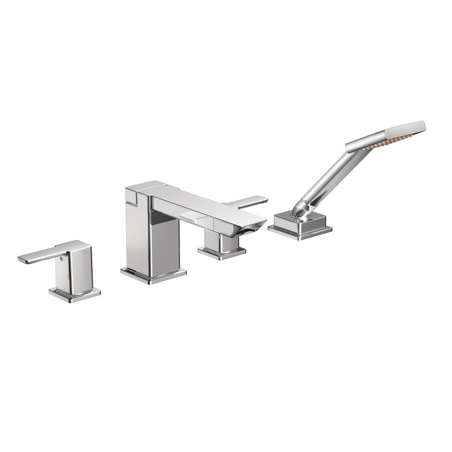 90 Degree 9' 1.75 gpm 2 Lever Handle Four Hole Deck Mount Roman Tub Faucet with Hand Shower in Chrome