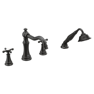 Weymouth 7.31' 1.75 gpm 2 Cross Handle Four Hole Deck Mount Roman Tub Faucet with Hand Shower in Matte Black