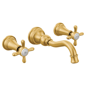 Weymouth 2.5' 1.2 gpm 2 Cross Handle Three Hole Wall Mount Bathroom Faucet in Brushed Gold