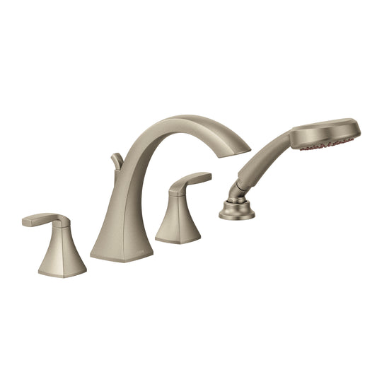 Voss 8.5" 1.75 gpm 2 Lever Handle Four Hole Deck Mount Roman Tub Faucet with Hand Shower in Brushed Nickel