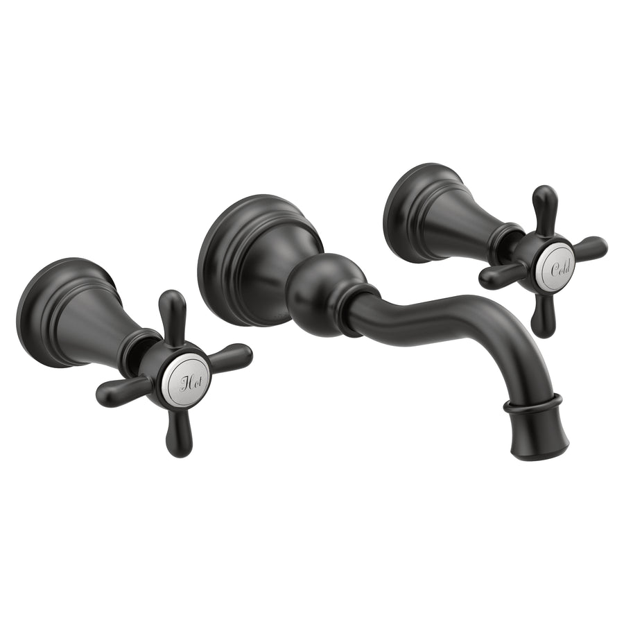 Weymouth 2.5' 1.2 gpm 2 Cross Handle Three Hole Wall Mount Bathroom Faucet Trim in Matte Black