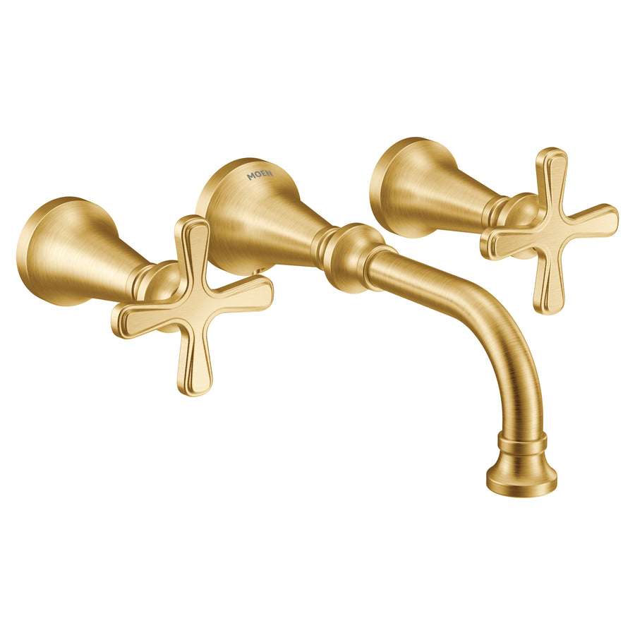 Colinet 4.25' 1.2 gpm 2 Cross Handle Three Hole Wall Mount Single-Hole Vanity Faucet in Brushed Gold