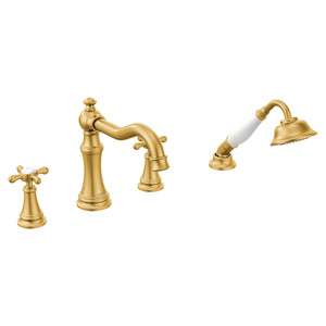 Weymouth 7.31' 1.75 gpm 2 Cross Handle Four Hole Deck Mount Roman Tub Faucet with Hand Shower in Brushed Gold