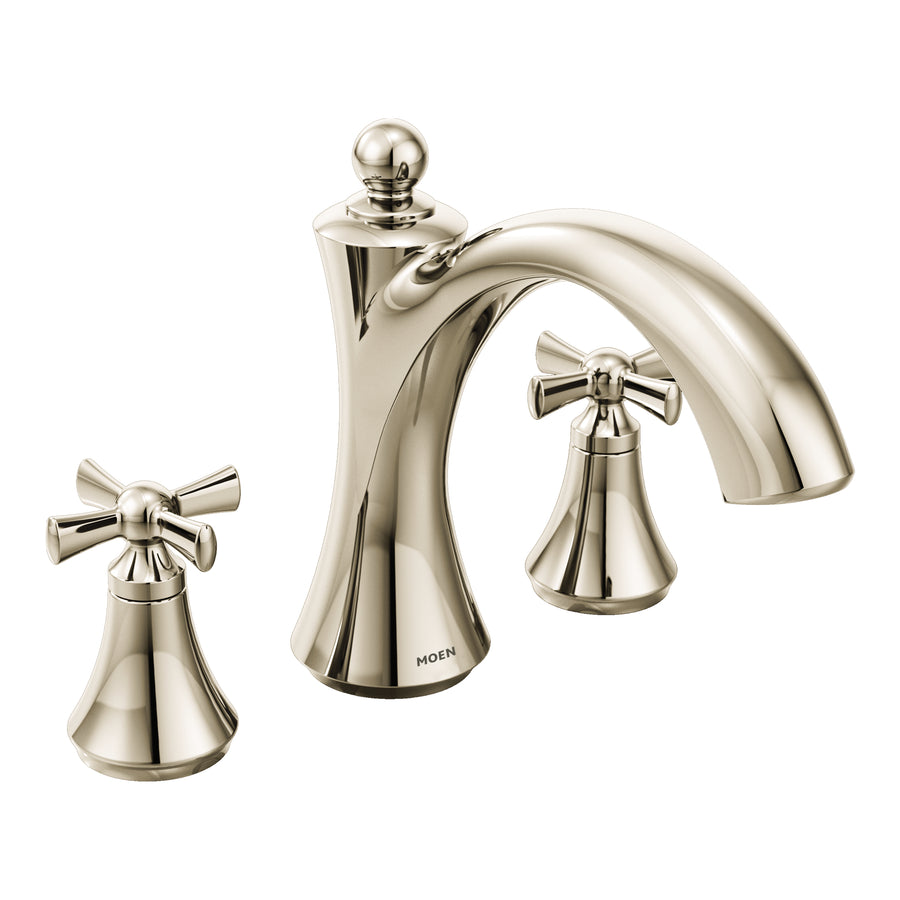 Wynford 3.63' 2 Cross Handle Three Hole Deck Mount Non-Diverter Roman Tub Faucet in Polished Nickel
