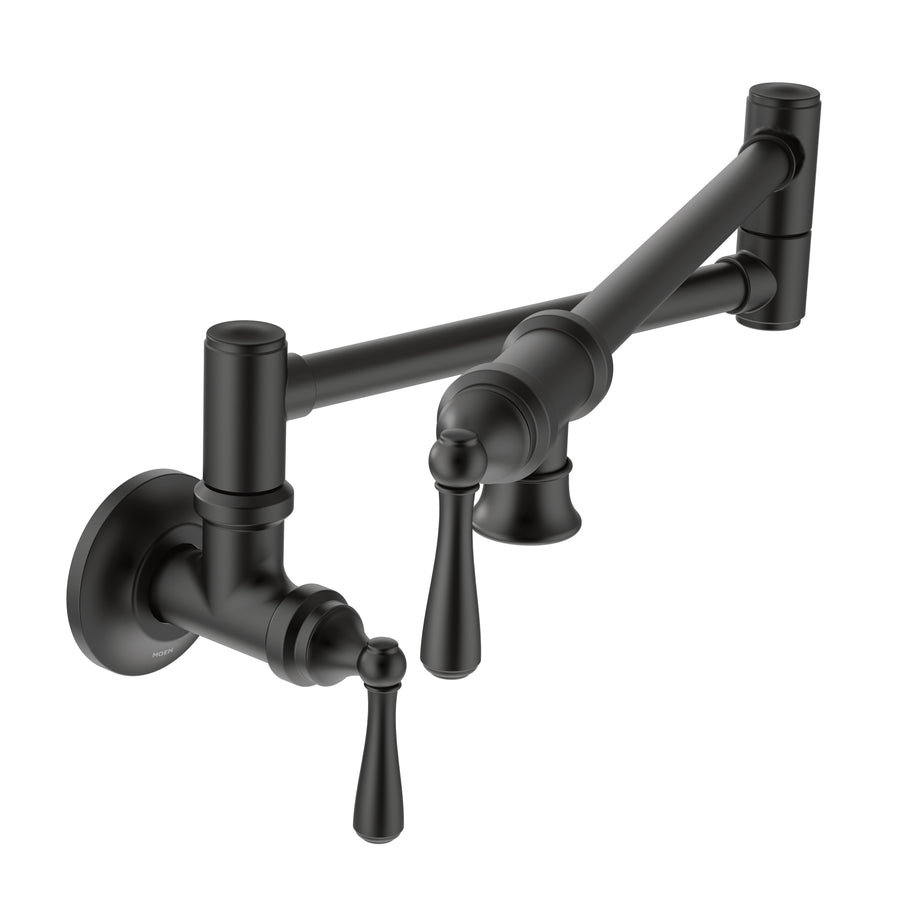 Pot Filler 8.75' 5.5 gpm Traditional 2 Lever Handle One Hole Wall Mount pot filler in Matte Black