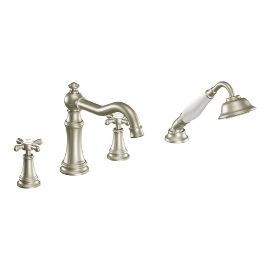 Weymouth 7.31" 1.75 gpm 2 Cross Handle Four Hole Deck Mount Roman Tub Faucet with Hand Shower in Brushed Nickel