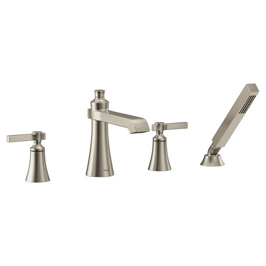Flara 8.5" 1.75 gpm 2 Lever Handle Four Hole Deck Mount Roman Tub with Hand Shower in Brushed Nickel