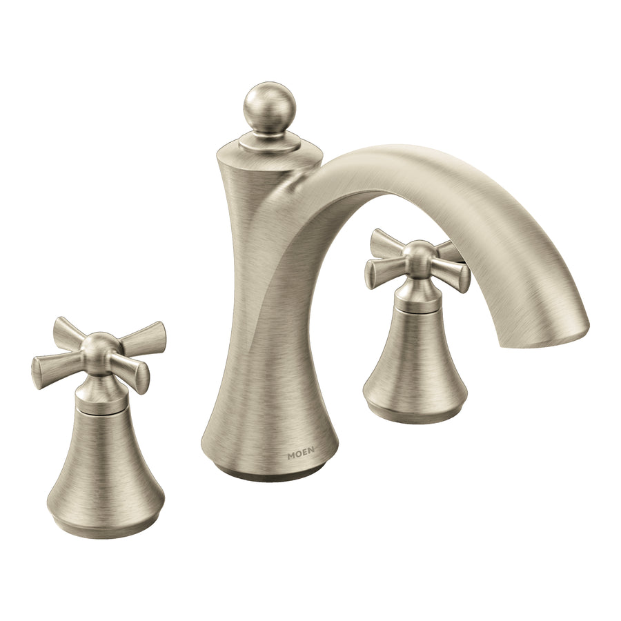Wynford 3.63' 2 Cross Handle Three Hole Deck Mount Non-Diverter Roman Tub Faucet in Brushed Nickel
