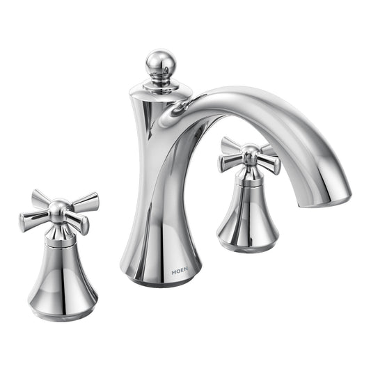Wynford 3.63" 2 Cross Handle Three Hole Deck Mount Non-Diverter Roman Tub Faucet in Chrome