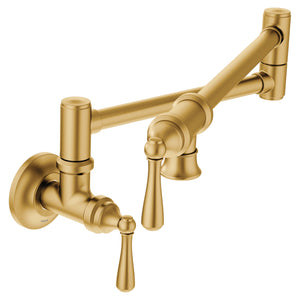 Pot Filler 8.75' 5.5 gpm Traditional 2 Lever Handle One Hole Wall Mount pot filler in Brushed Gold