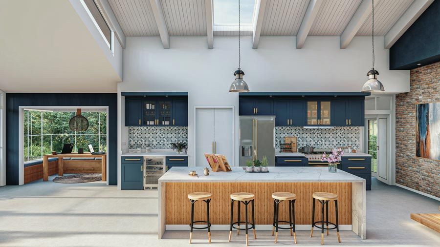 open kitchen with blue color scheme