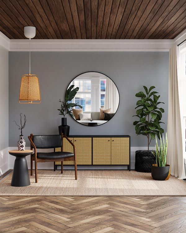 Dark blue room with Japanese and Scandi interior textures and materials.