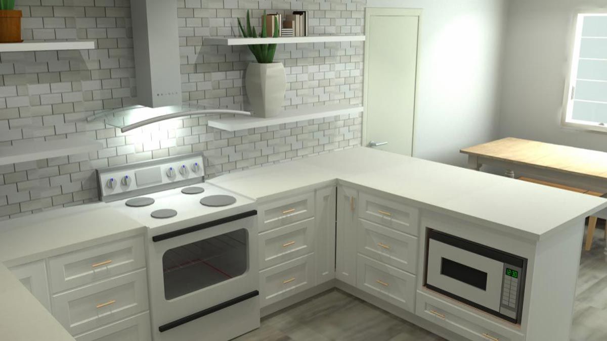 3d rendering of airbnb kitchen, angled toward base cabinets