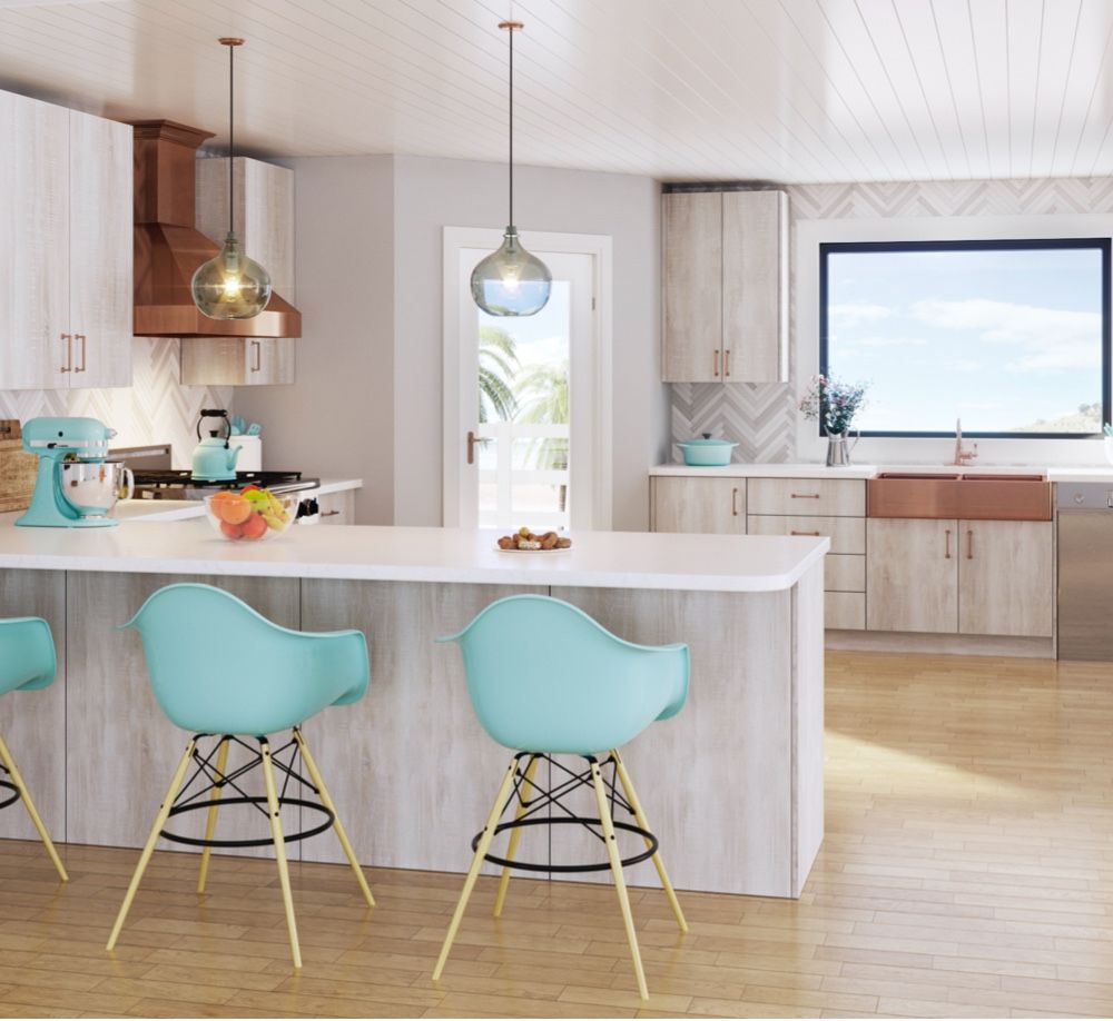 Cortina oyster shell cabinets for coastal kitchen