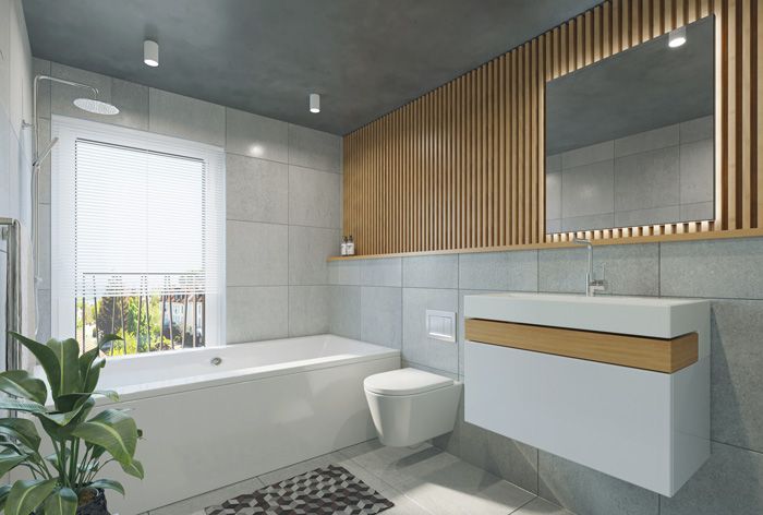 modern bathroom with white alcove bathtub