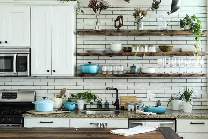 open shelves in a modern farmhouse kitchen